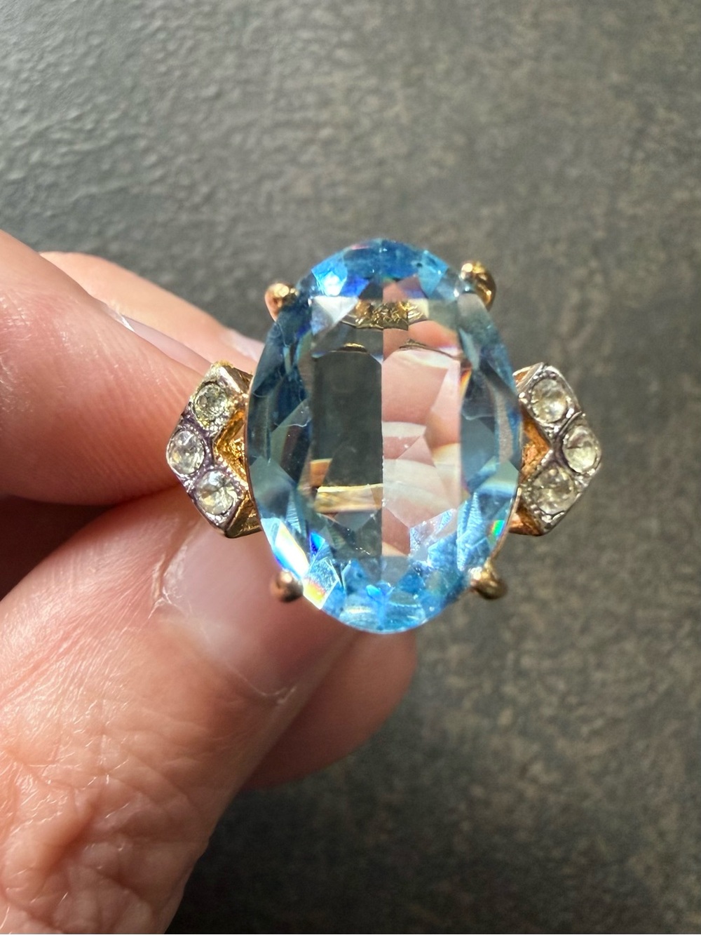 Huge Aquamarine Vintage Cocktail Ring with Clear Rhinestone Accents